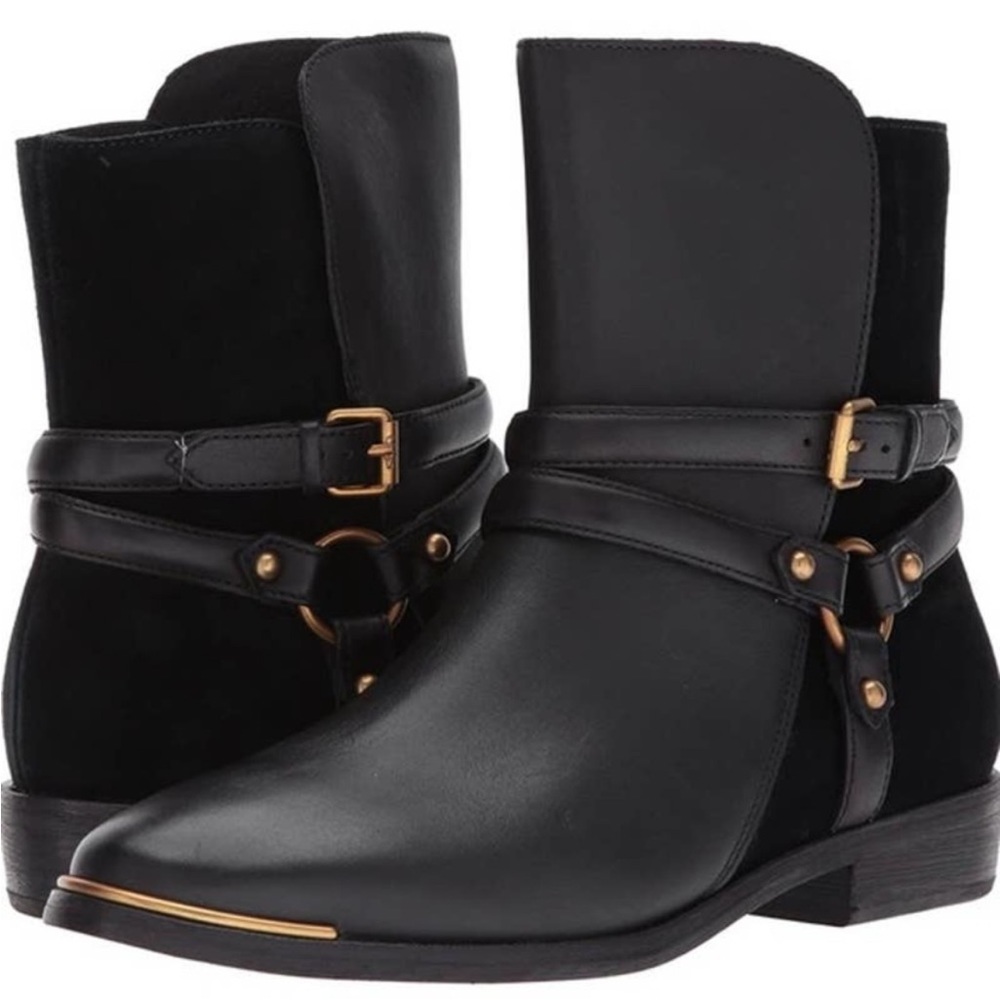 UGG Kelby Harness Buckle Ankle Boots in Black Leather & Suede, Size 8